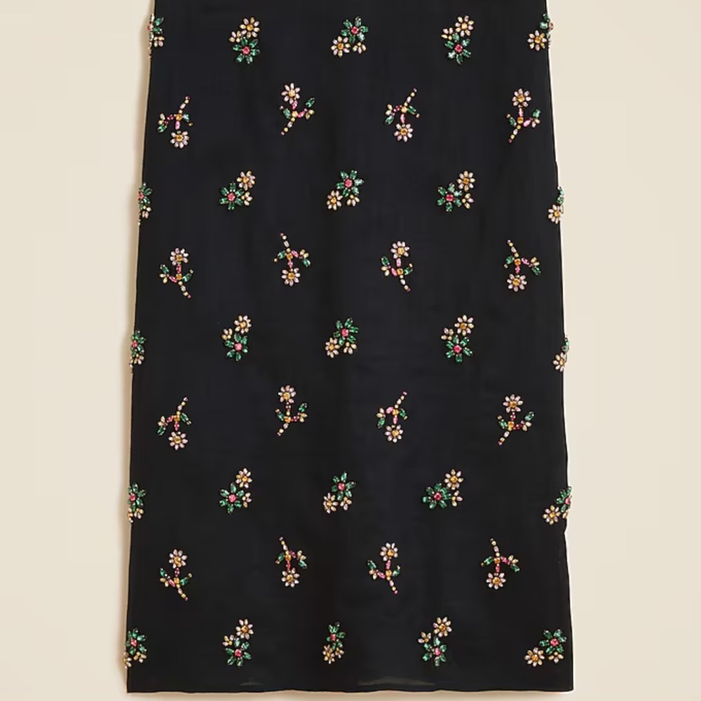 J. Crew Collection black ramie skirt with jeweled flowers.